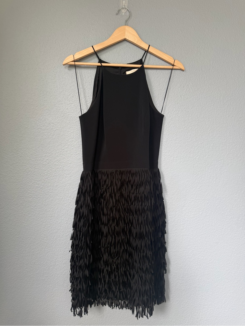 Aidan by Aidan Mattox Black Fringe Halter Midi Dress